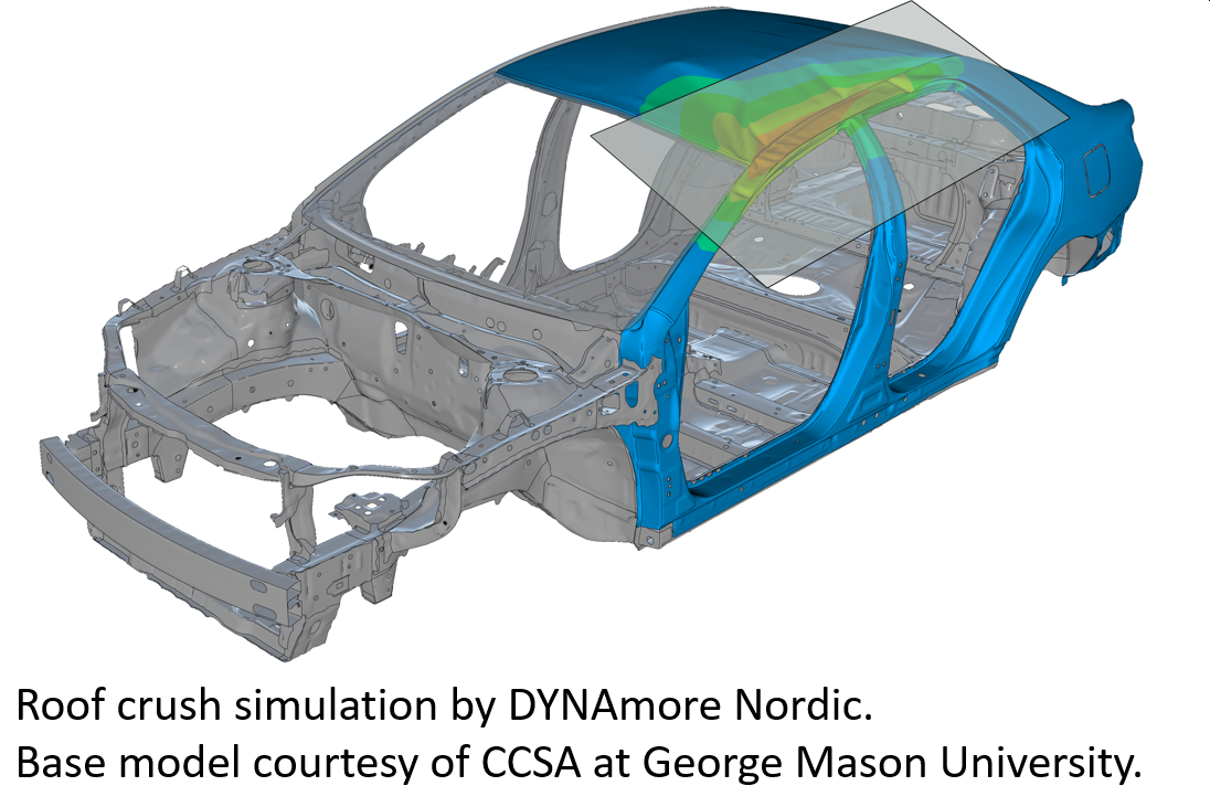 Roof crush simulation by DYNAmore Nordic. Base model courtesy of CCSA at George Mason University.